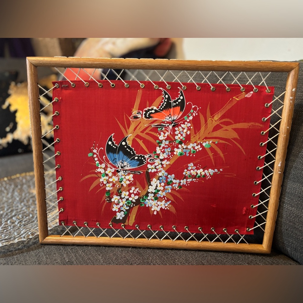 Vintage Hand-Painted Asian Silk Butterfly Artwork in Bamboo Laced Frame | 18x13 - Picture 13 of 16